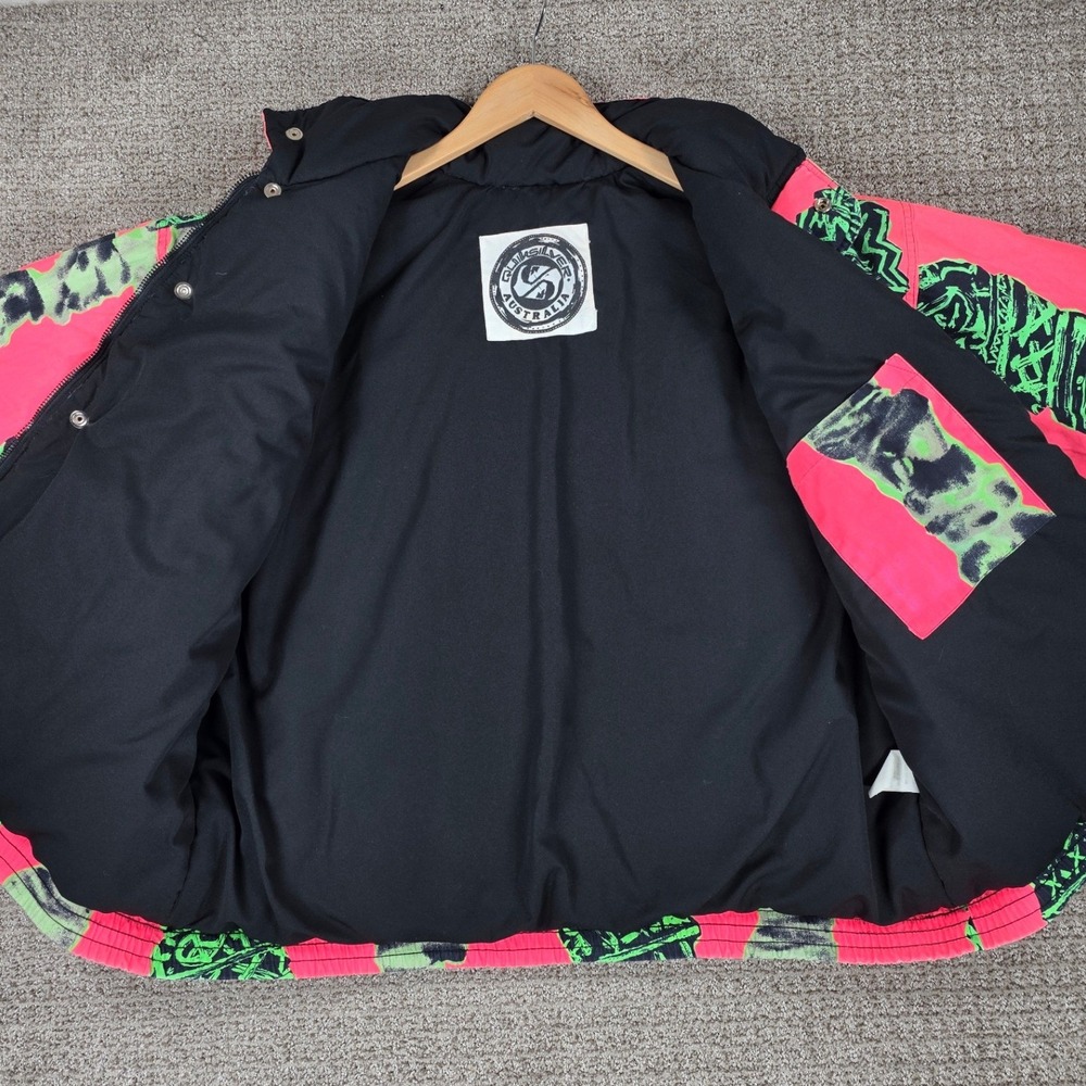 Vintage Quiksilver Mens Neon Pink Green Abstract Print Full Zip Jacket XL Puffer - Picture 10 of 16